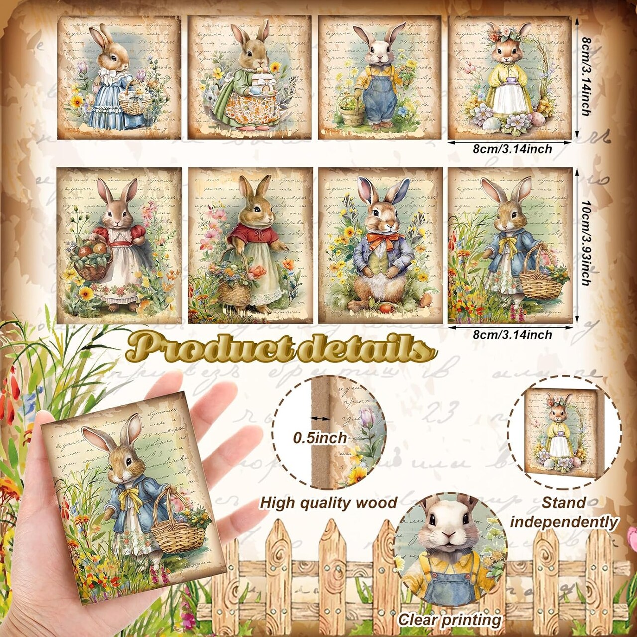 8 PCS Vintage Easter Wooden Table Decor – Retro Bunny & Egg Rustic Tiered Tray Signs for Spring Farmhouse Tabletop, Fireplace, Shelf & Easter Centerpiece Decoration